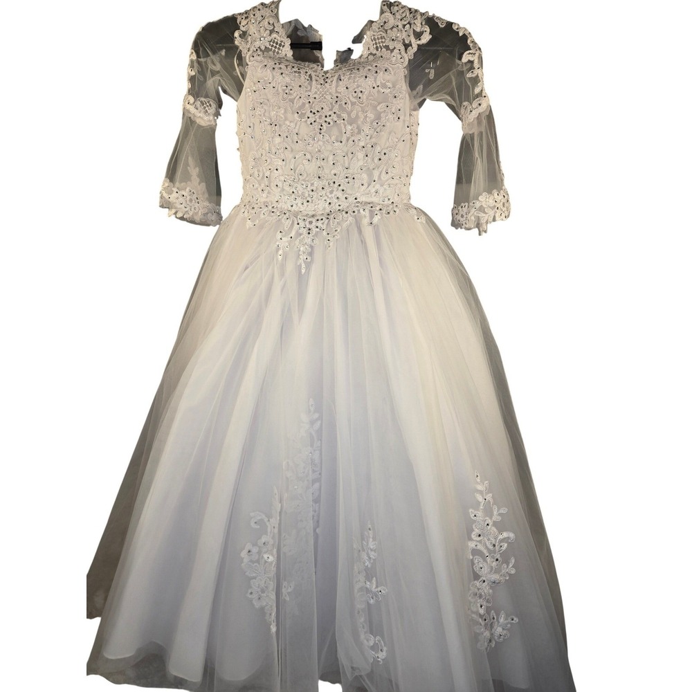 White Lace Tulle Flower Girl Dress Rhinestone First Communion Gown Kids Formal